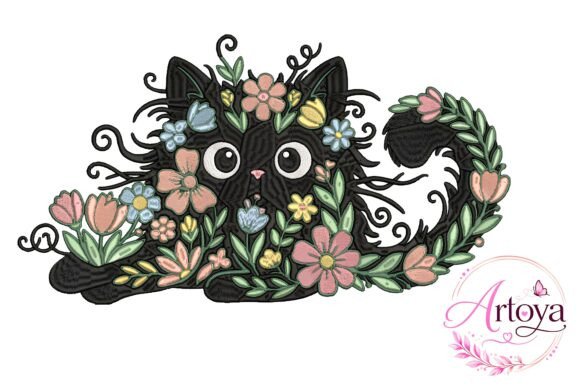 Black Floral Cat Embroidery Design: A Gothic Charm for Personalized Gifts